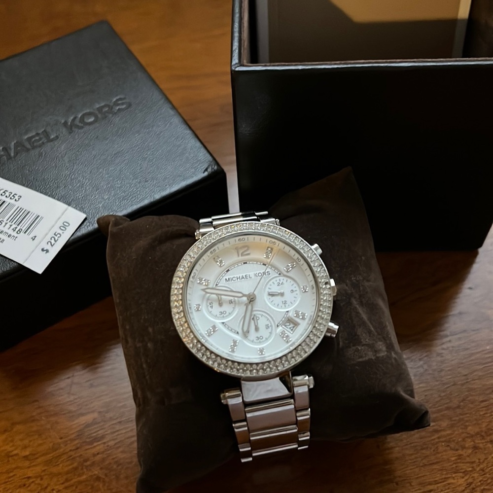 Michael Kors Silver Watch with Pave Diamond Face like New!